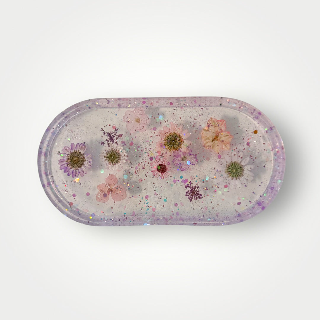 Purple and Pink Dried Flowers with Iridescent Hearts and Chunky Glitter, Resin Storage Tray, Oval