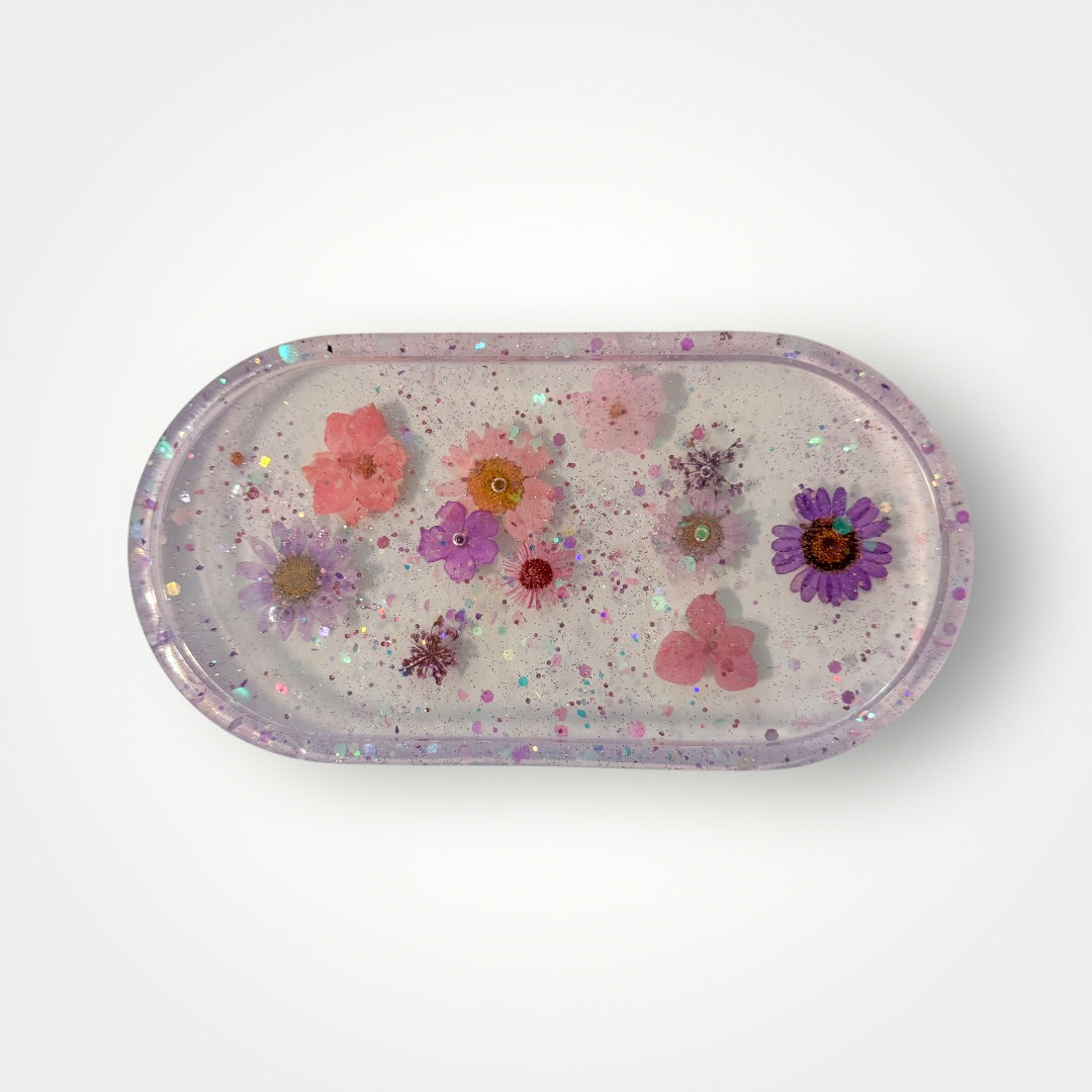 Purple and Pink Dried Flowers with Iridescent Hearts and Chunky Glitter, Resin Storage Tray, Oval