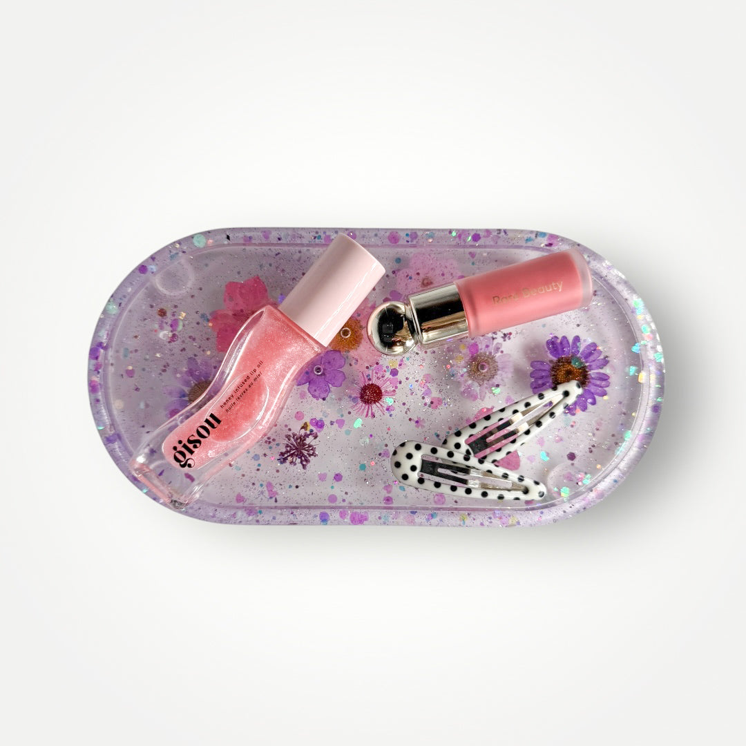 Purple Home Decor Gift Set, Decorative Tray + Dish with Real Dried Flowers and Chunky Glitter, Rectangle and Heart Shaped