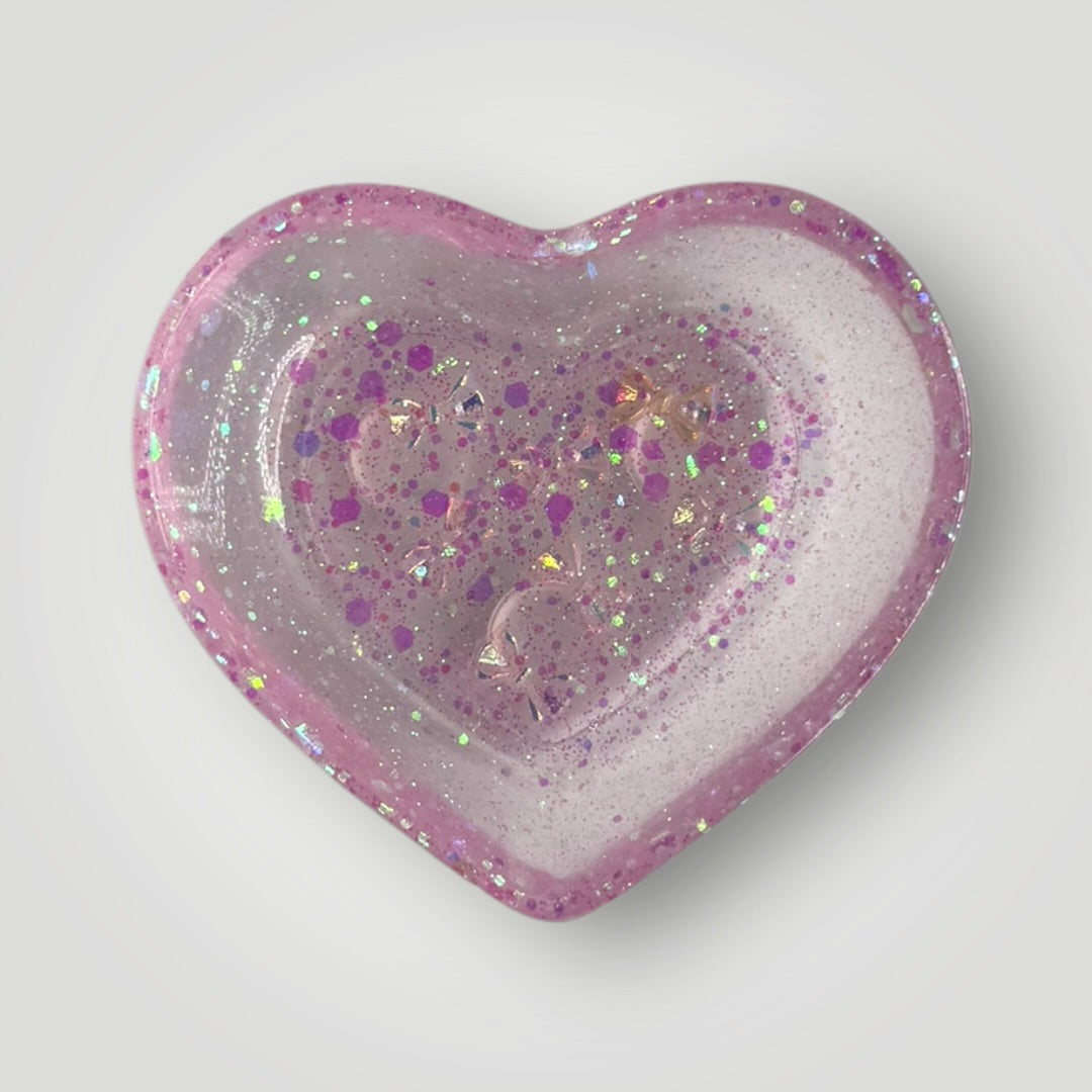 Light Pink Heart Shaped Dish with Bow Charms and Iridescent Glitter