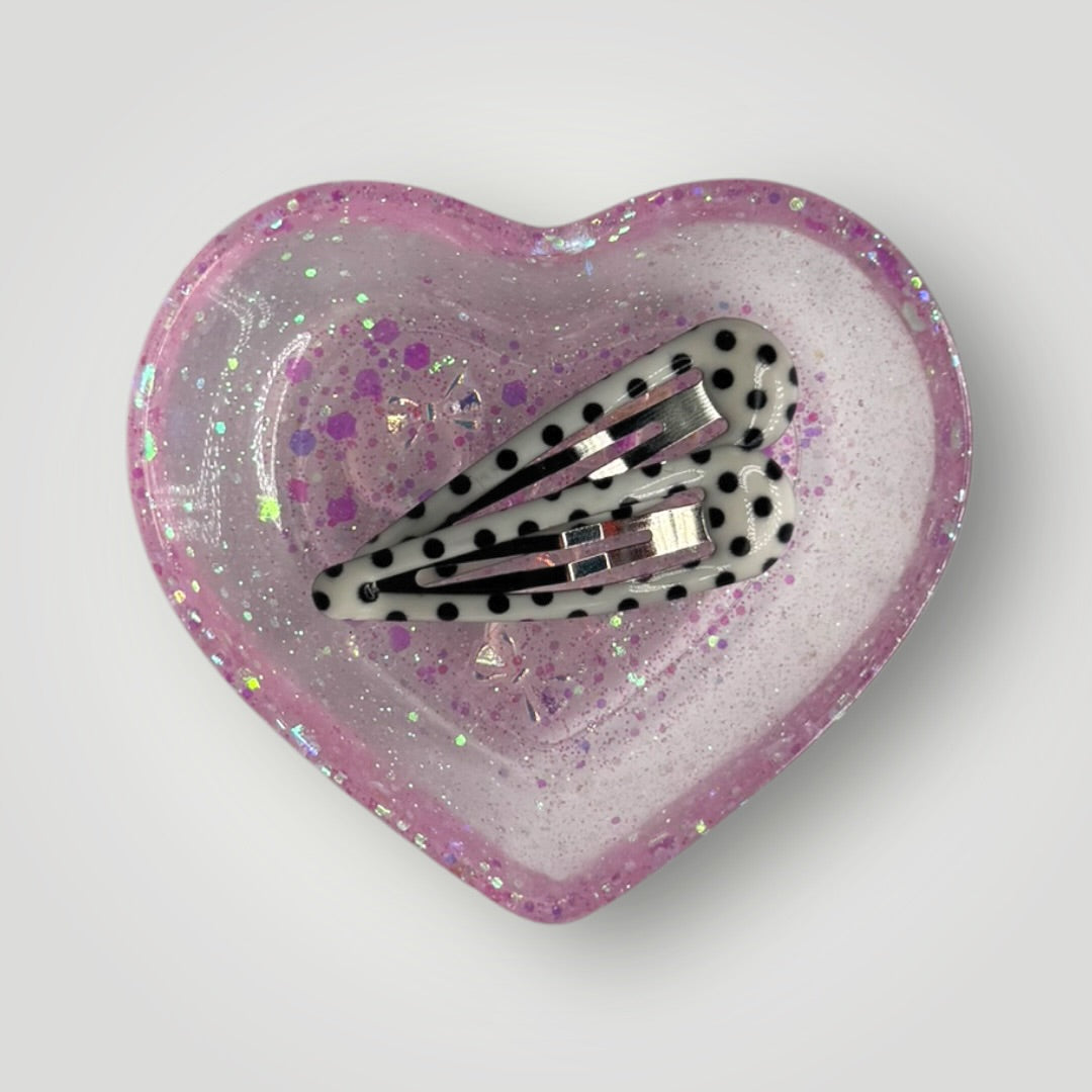 Light Pink Heart Shaped Dish with Bow Charms and Iridescent Glitter