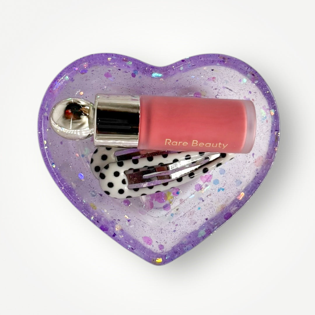 Purple Home Decor Gift Set, Decorative Tray + Dish with Real Dried Flowers and Chunky Glitter, Rectangle and Heart Shaped