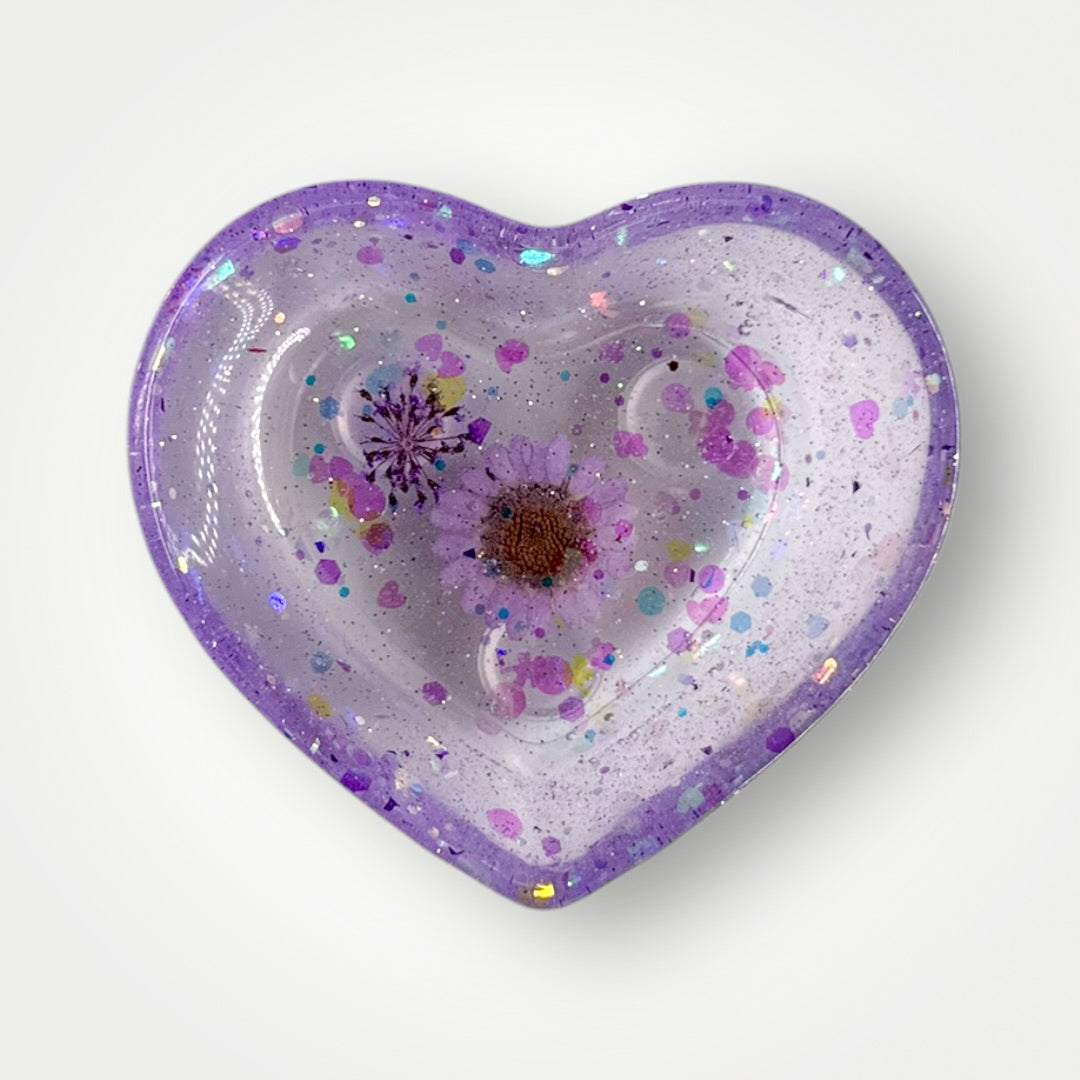 Purple Home Decor Gift Set, Decorative Tray + Dish with Real Dried Flowers and Chunky Glitter, Rectangle and Heart Shaped