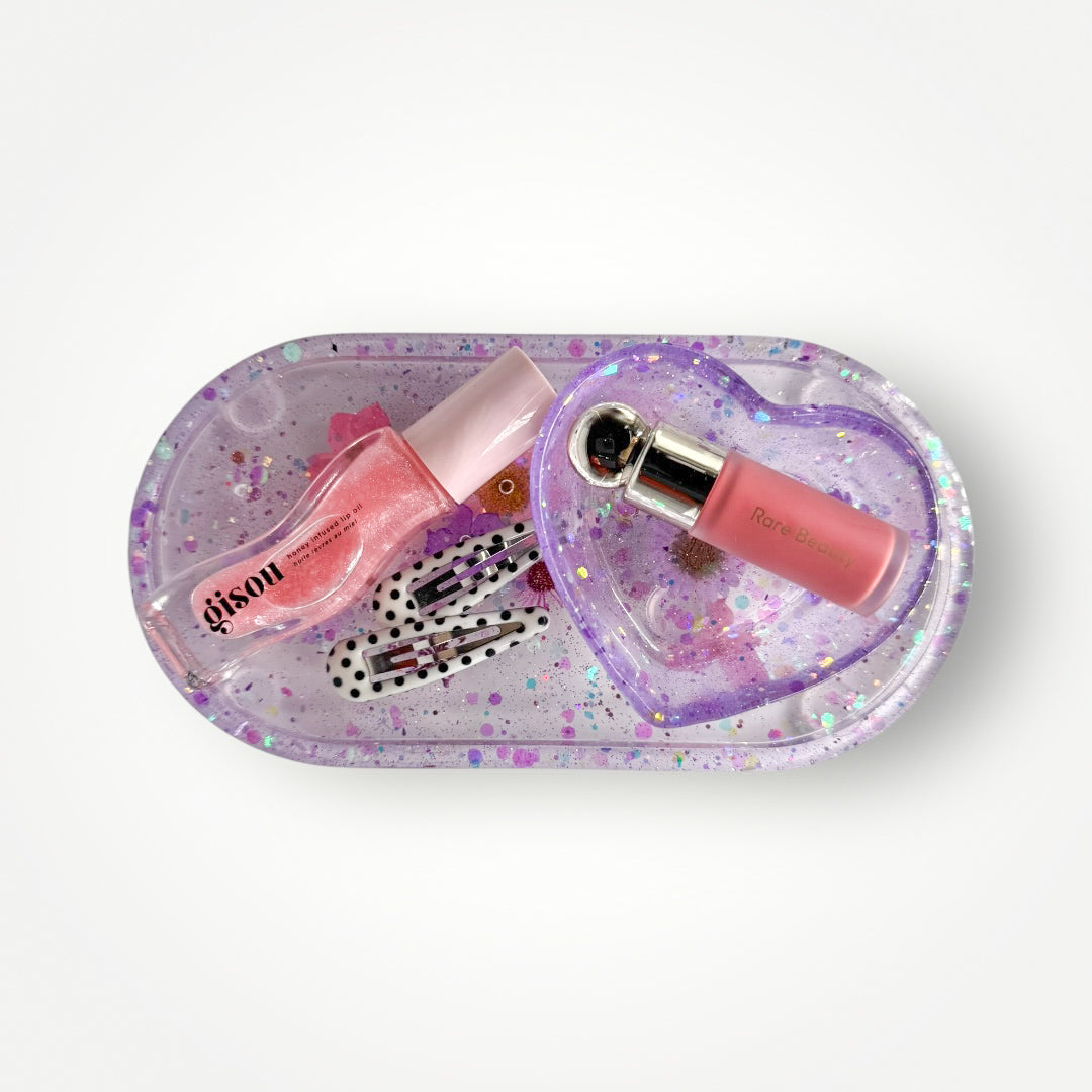 Purple Home Decor Gift Set, Decorative Tray + Dish with Real Dried Flowers and Chunky Glitter, Rectangle and Heart Shaped