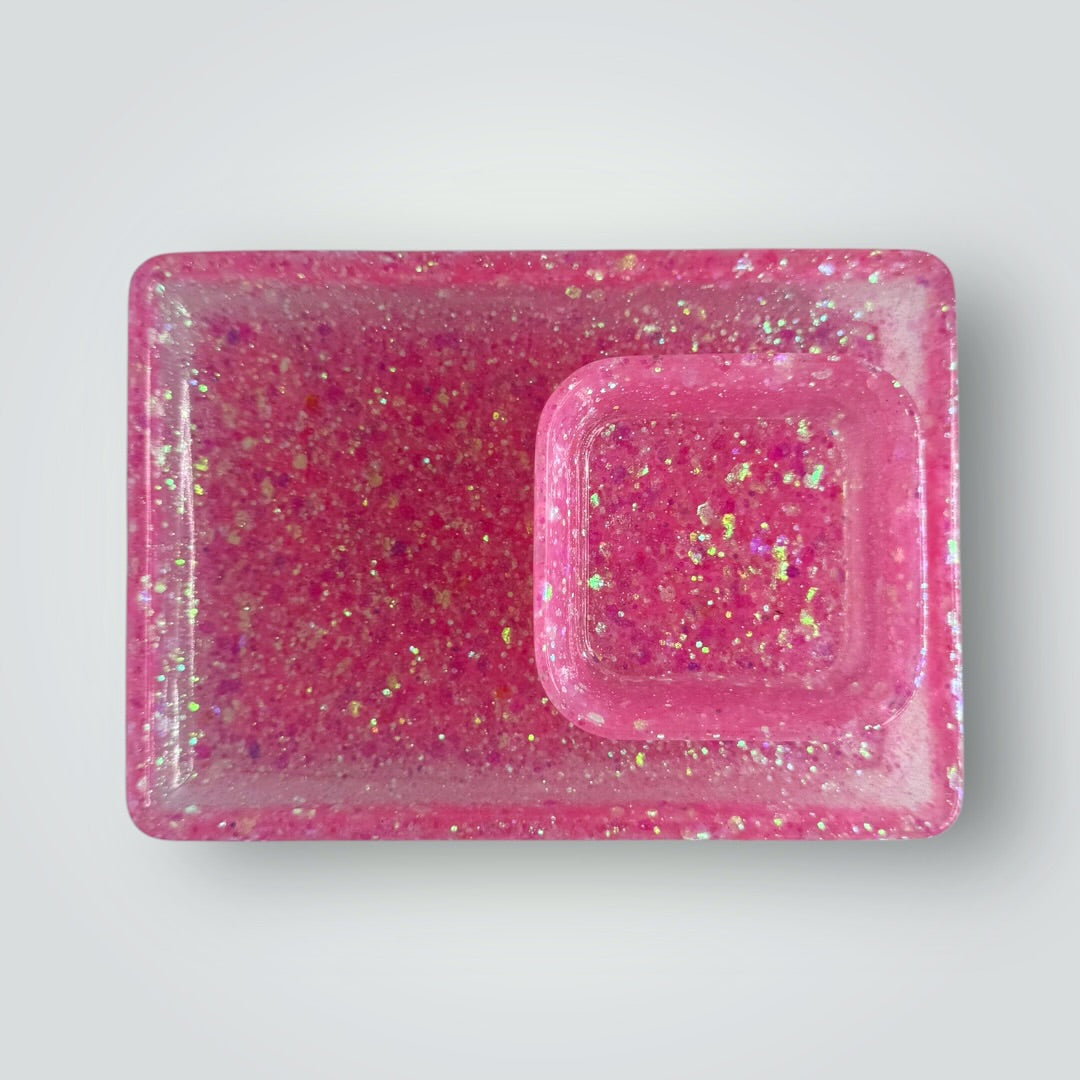 White Iridescent Home Decor Gift Set, Decorative Tray + Dish with Chunky Glitter, Rectangle and Square Shape