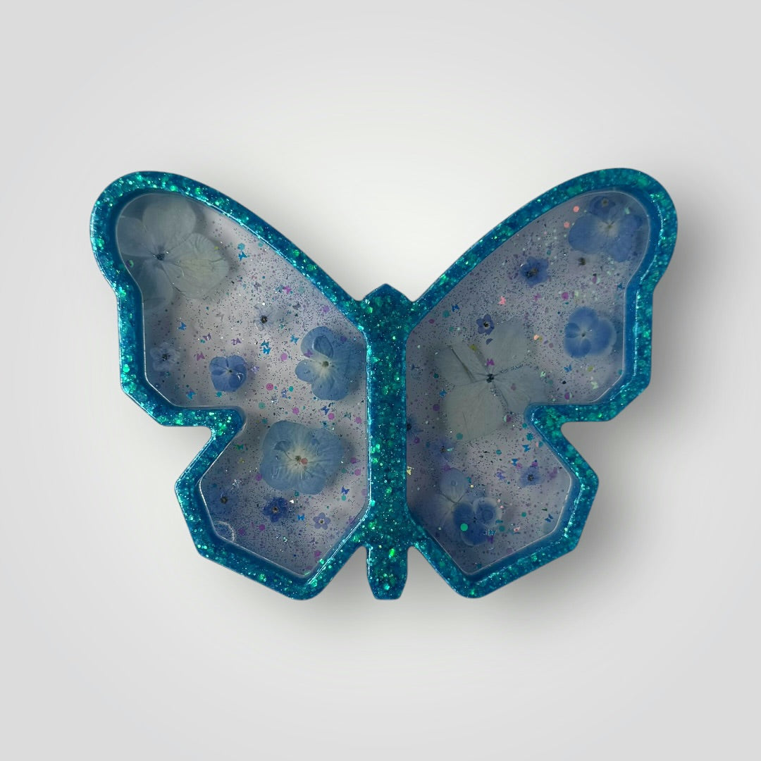 Blue Butterfly with Real Dried Flowers, Hearts and Chunky Glitter, Decorative Storage Tray