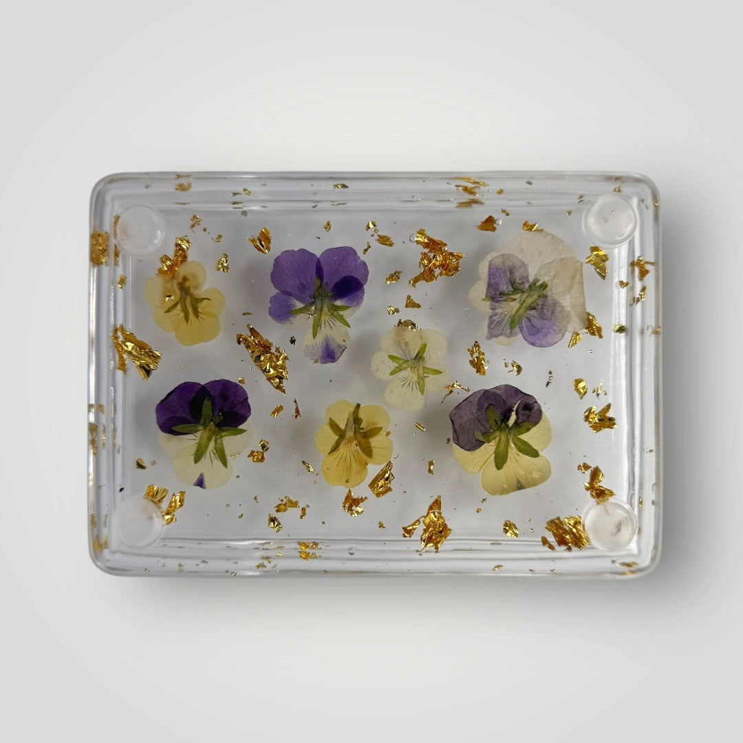 Real Dried Pansy Home Decor Gift Set, Decorative Tray + Dish with Gold Flakes, Rectangle and Square Shaped