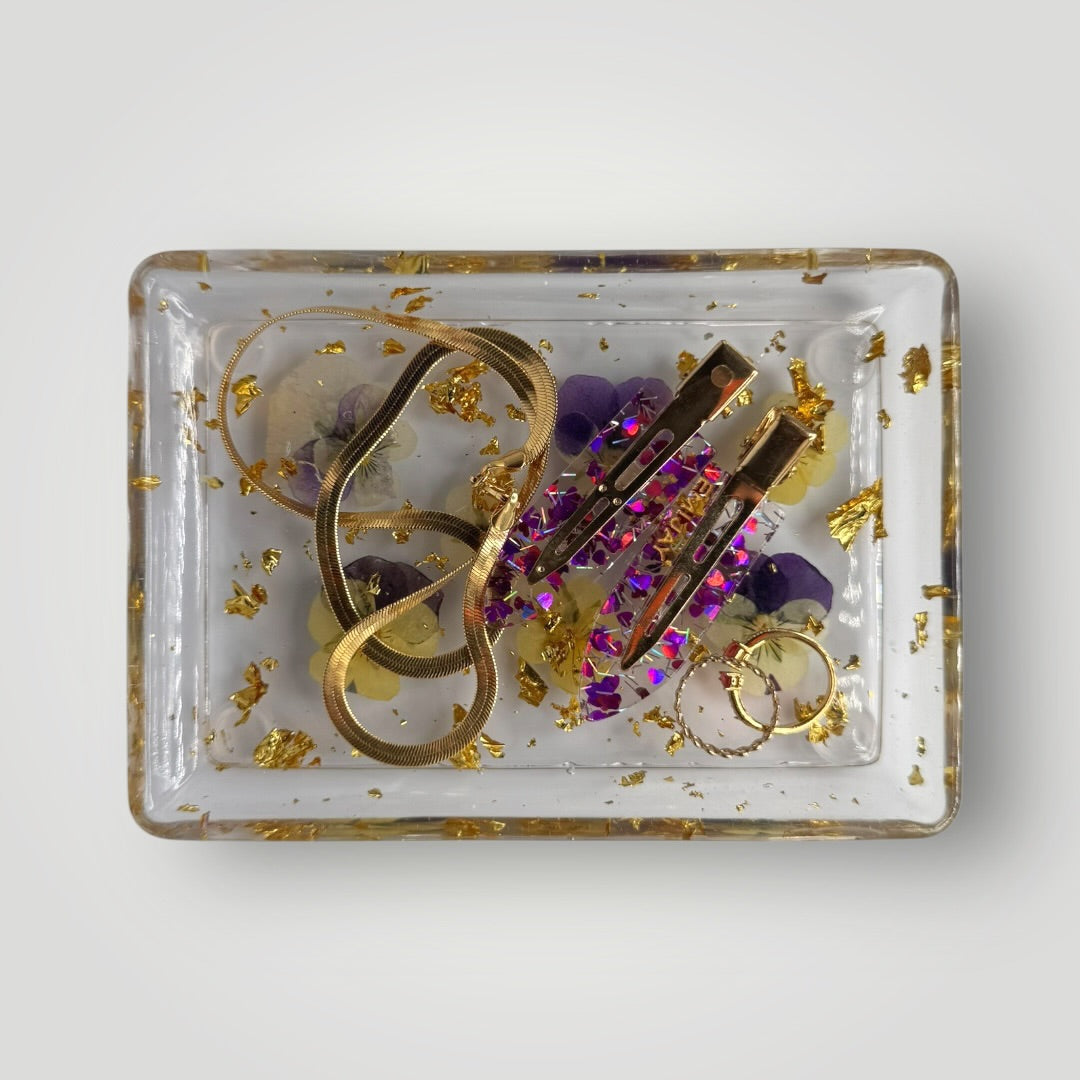 Purple and Yellow Real Dried Pansies with Gold Flakes, Resin Storage Tray, Rectangle