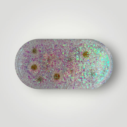 White Dried Flowers with Iridescent Chunky Glitter, Resin Storage Tray, Oval