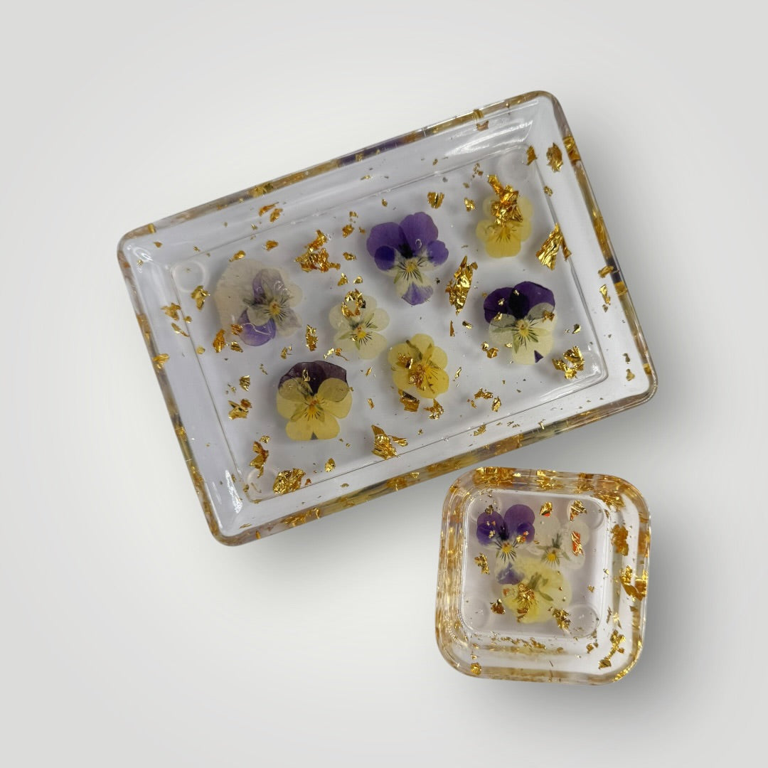 Purple and Yellow Real Dried Pansies with Gold Flakes, Resin Storage Tray, Rectangle