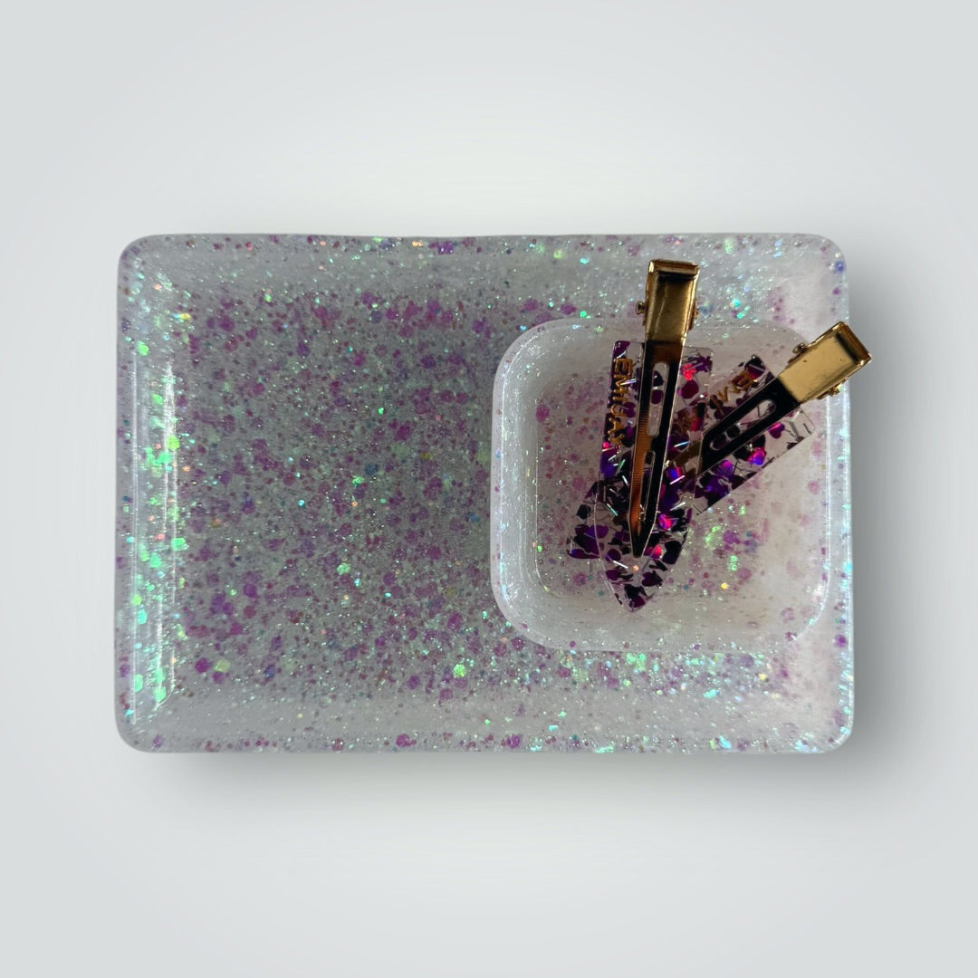 White Iridescent Home Decor Gift Set, Decorative Tray + Dish with Chunky Glitter, Rectangle and Square Shape