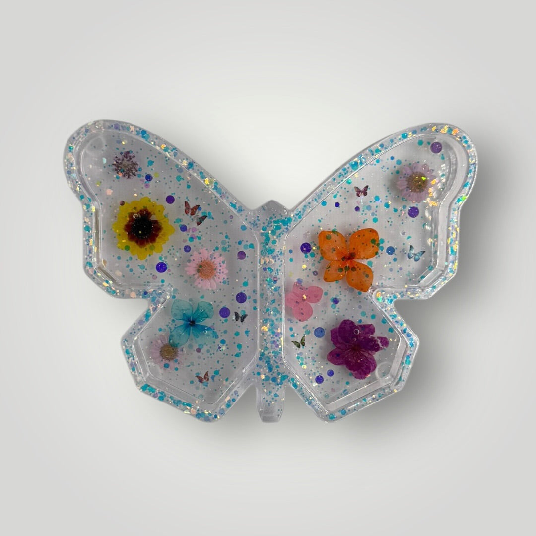 Blue Butterfly with Real Dried Flowers, Hearts and Chunky Glitter, Decorative Storage Tray