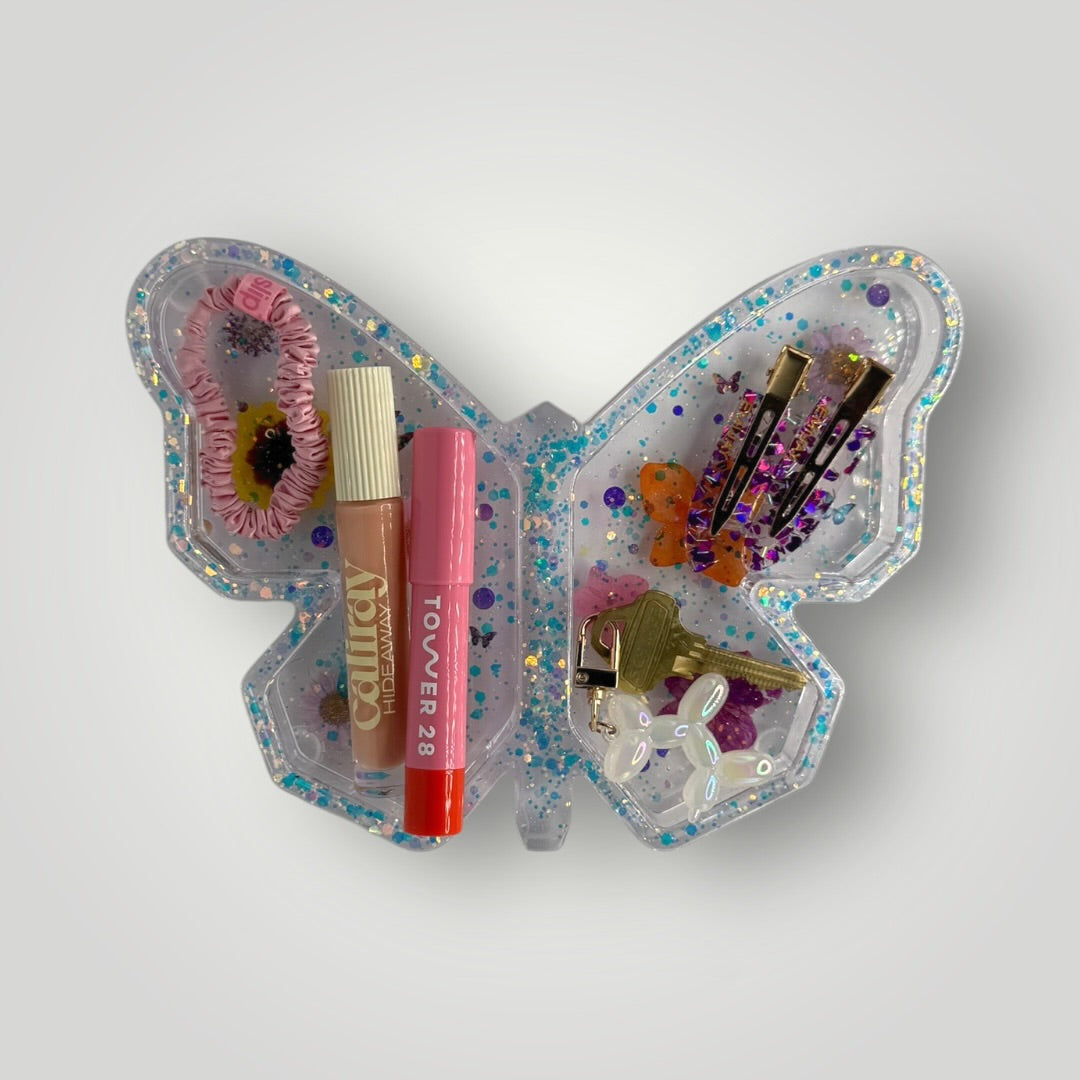 Blue Butterfly with Real Dried Flowers, Hearts and Chunky Glitter, Decorative Storage Tray