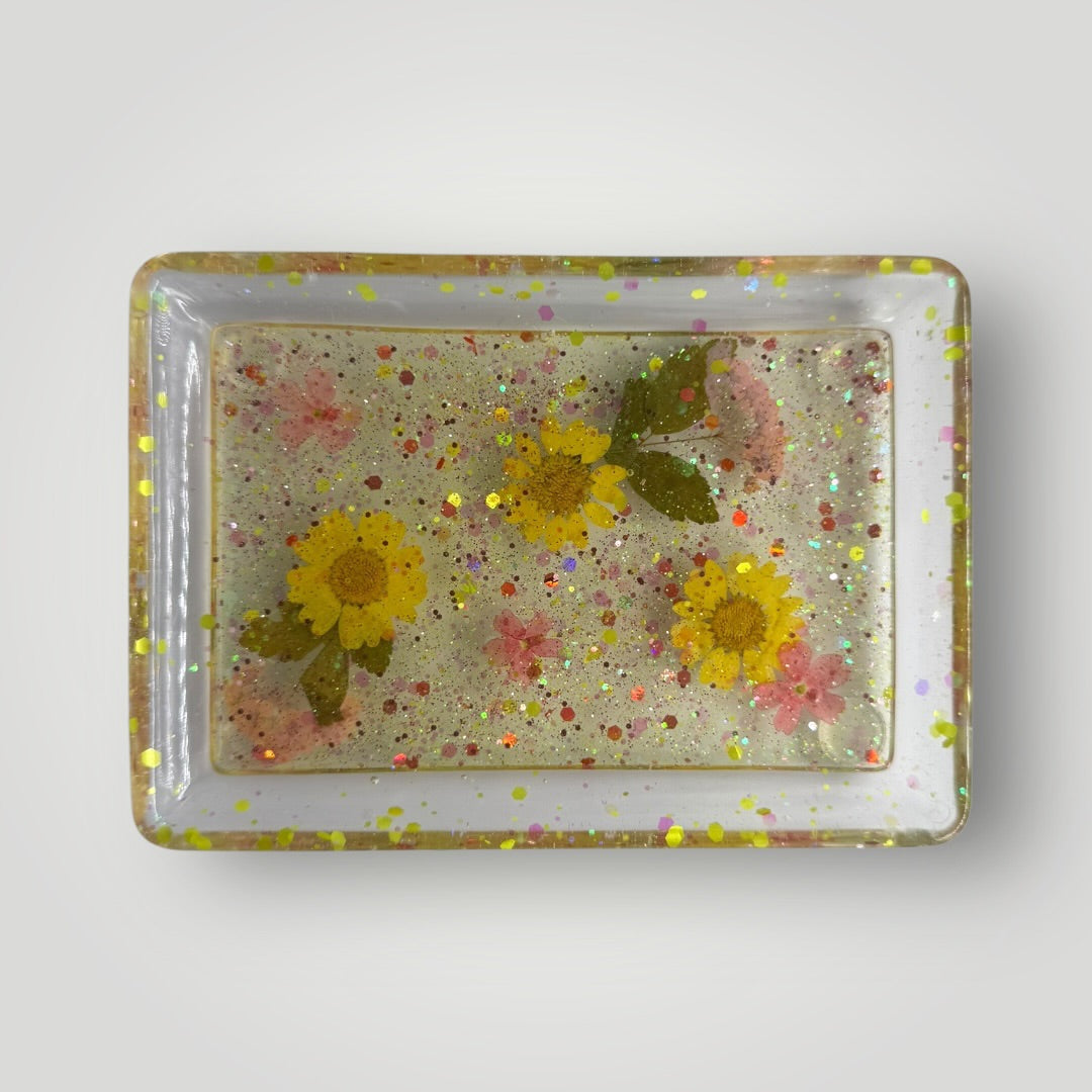 Yellow and Pink Dried Flowers with Chunky Glitter, Resin Storage Tray, Rectangle