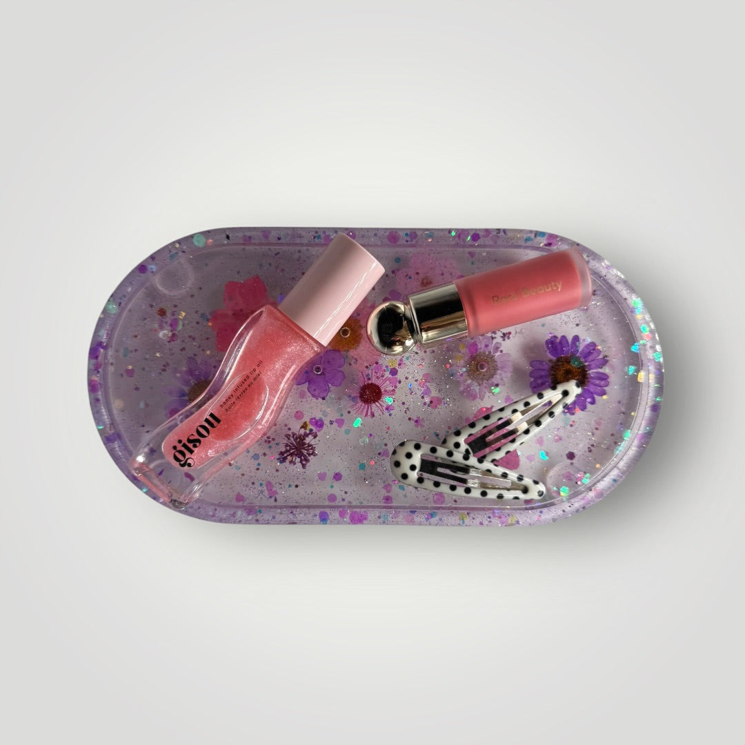 Purple and Pink Dried Flowers with Iridescent Hearts and Chunky Glitter, Resin Storage Tray, Oval