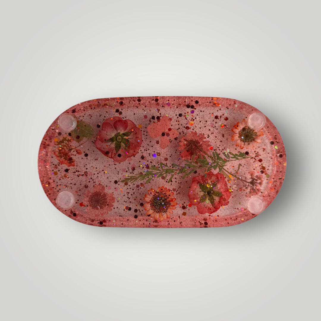 Pink and Red Real Dried Flowers with Chunky Glitter, Oval