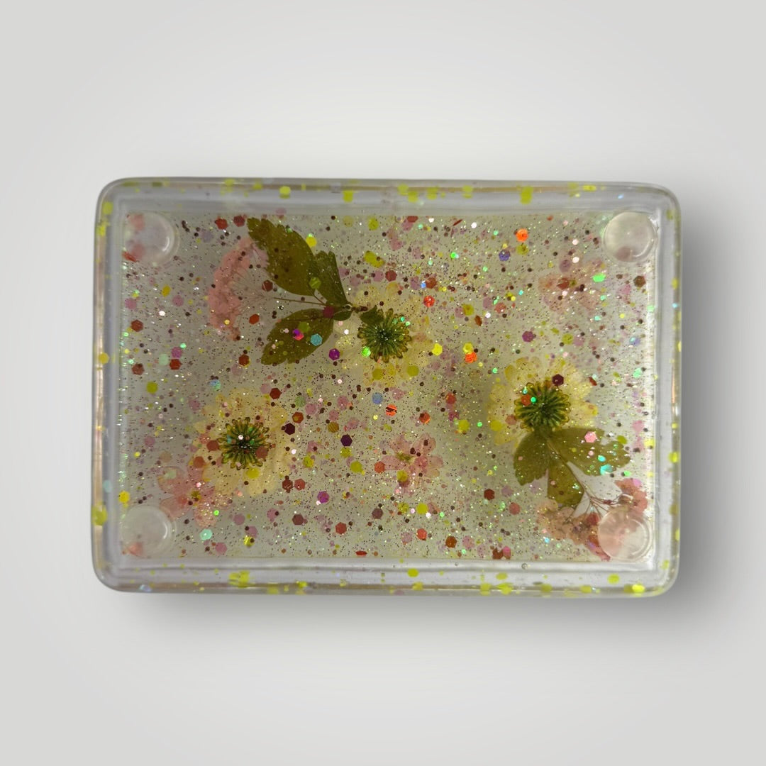 Yellow and Pink Dried Flowers with Chunky Glitter, Resin Storage Tray, Rectangle