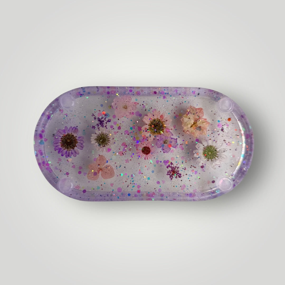 Purple Home Decor Gift Set, Decorative Tray + Dish with Real Dried Flowers and Chunky Glitter, Rectangle and Heart Shaped