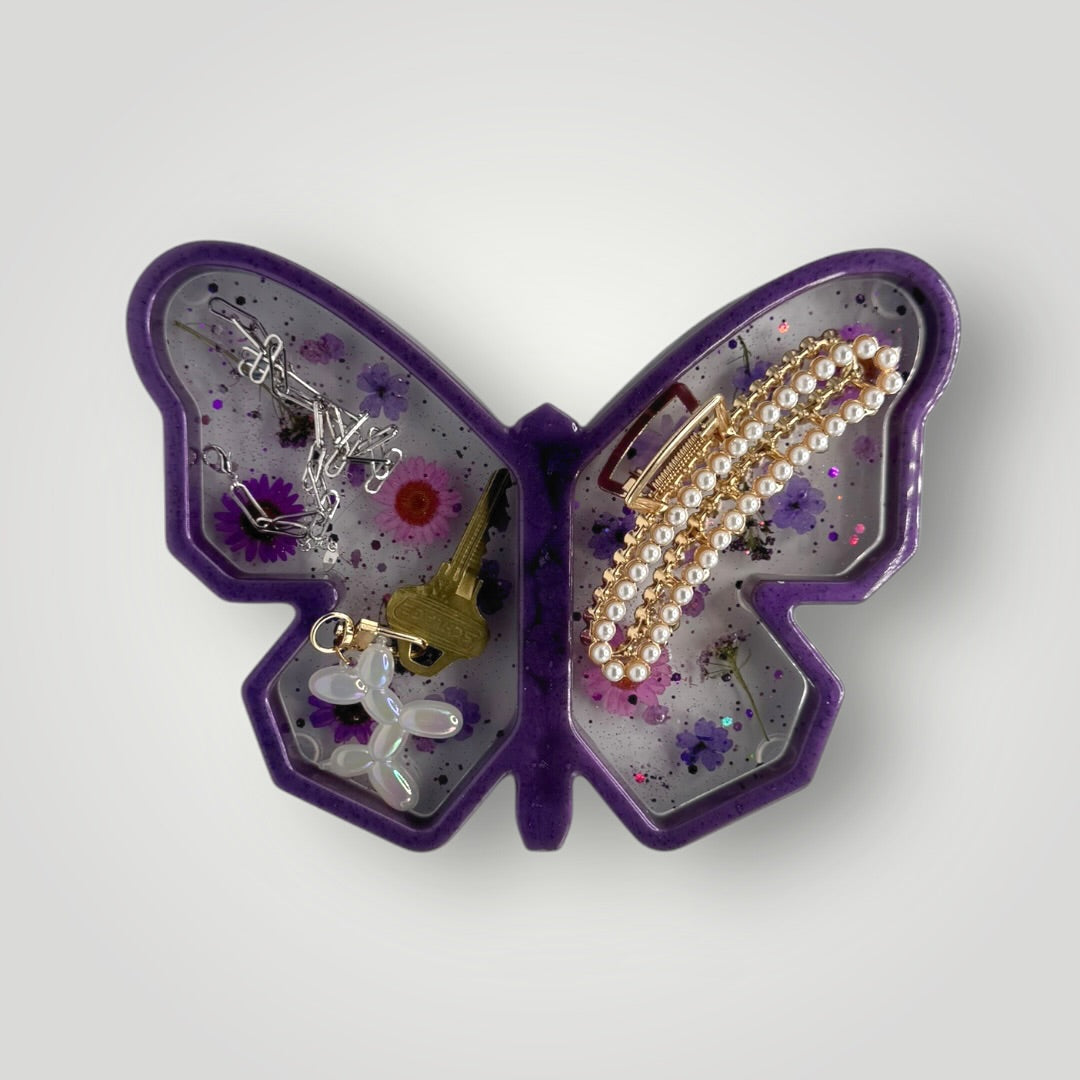 Blue Butterfly with Real Dried Flowers, Hearts and Chunky Glitter, Decorative Storage Tray