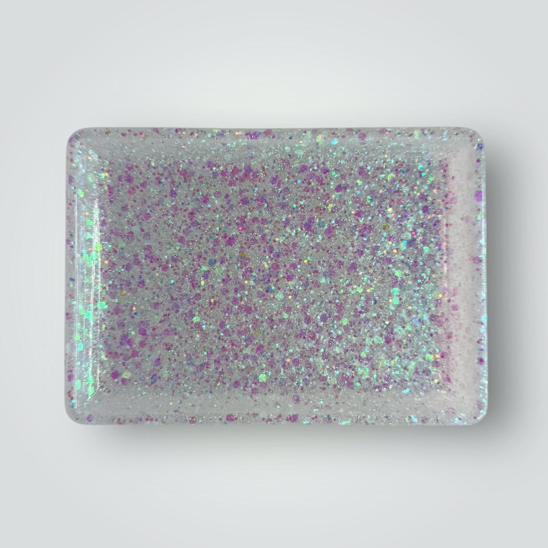 White Iridescent Home Decor Gift Set, Decorative Tray + Dish with Chunky Glitter, Rectangle and Square Shape