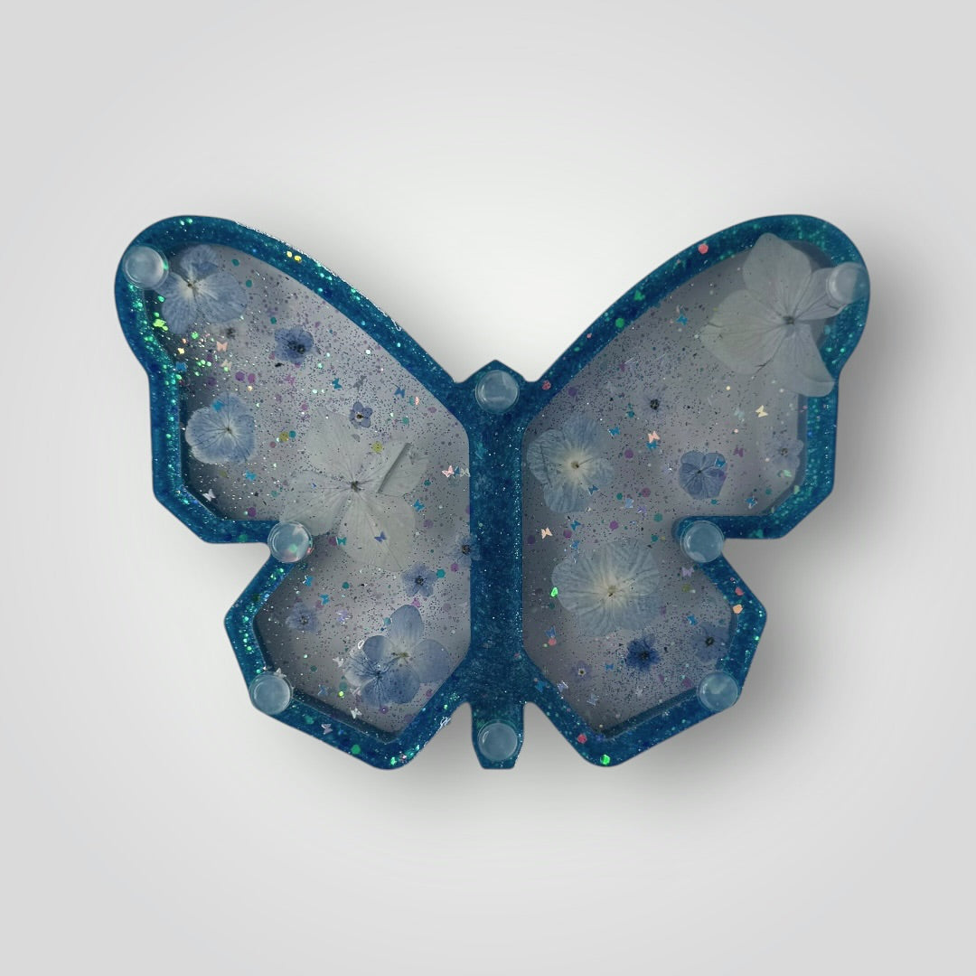 Blue Butterfly with Real Dried Flowers, Hearts and Chunky Glitter, Decorative Storage Tray