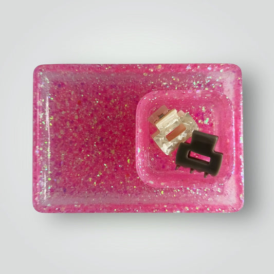 Pink Iridescent Home Decor Gift Set, Decorative Tray + Dish with Chunky Glitter, Rectangle and Square Shaped