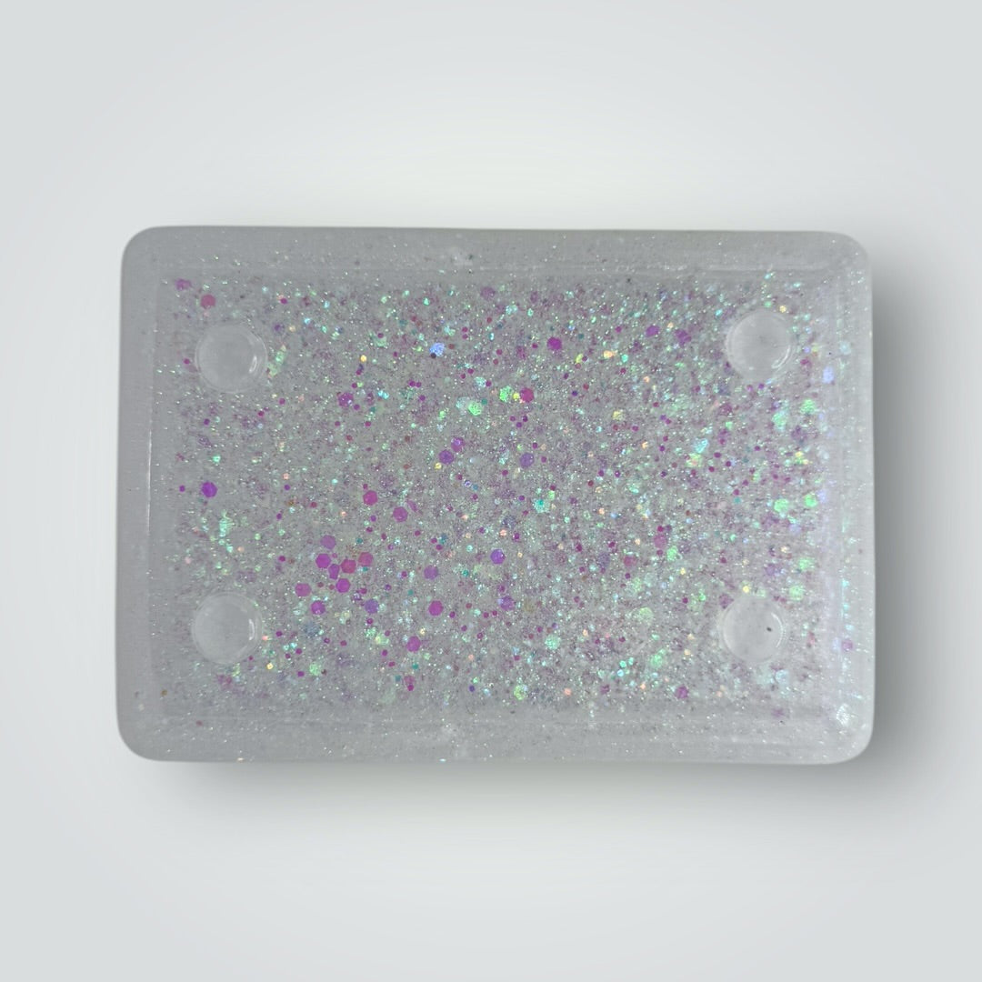 White Iridescent Home Decor Gift Set, Decorative Tray + Dish with Chunky Glitter, Rectangle and Square Shape