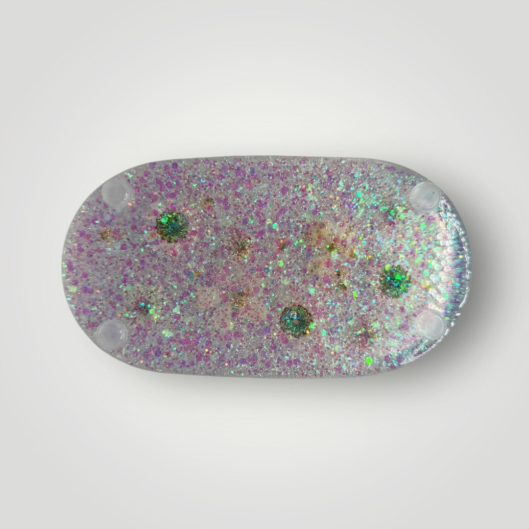 White Dried Flowers with Iridescent Chunky Glitter, Resin Storage Tray, Oval