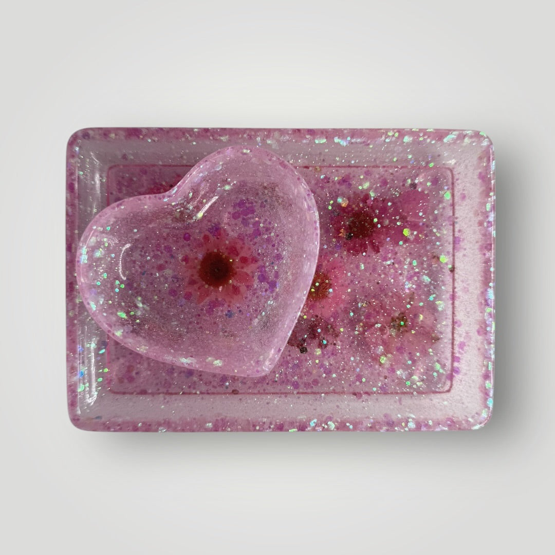 Pink Real Dried Flowers with Iridescent Chunky Glitter, Rectangle