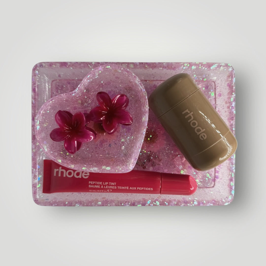 Pink Home Decor Gift Set, Decorative Tray + Dish with Real Dried Flowers and Chunky Glitter, Rectangle and Heart Shaped