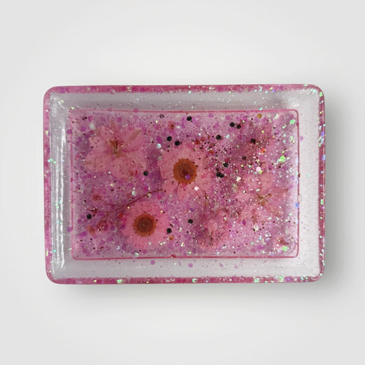 Pink Real Dried Flowers with Iridescent Chunky Glitter, Decorative Tray, Rectangle