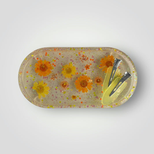 Orange and Yellow Real Dried Flowers with Iridescent Chunky Glitter, Oval