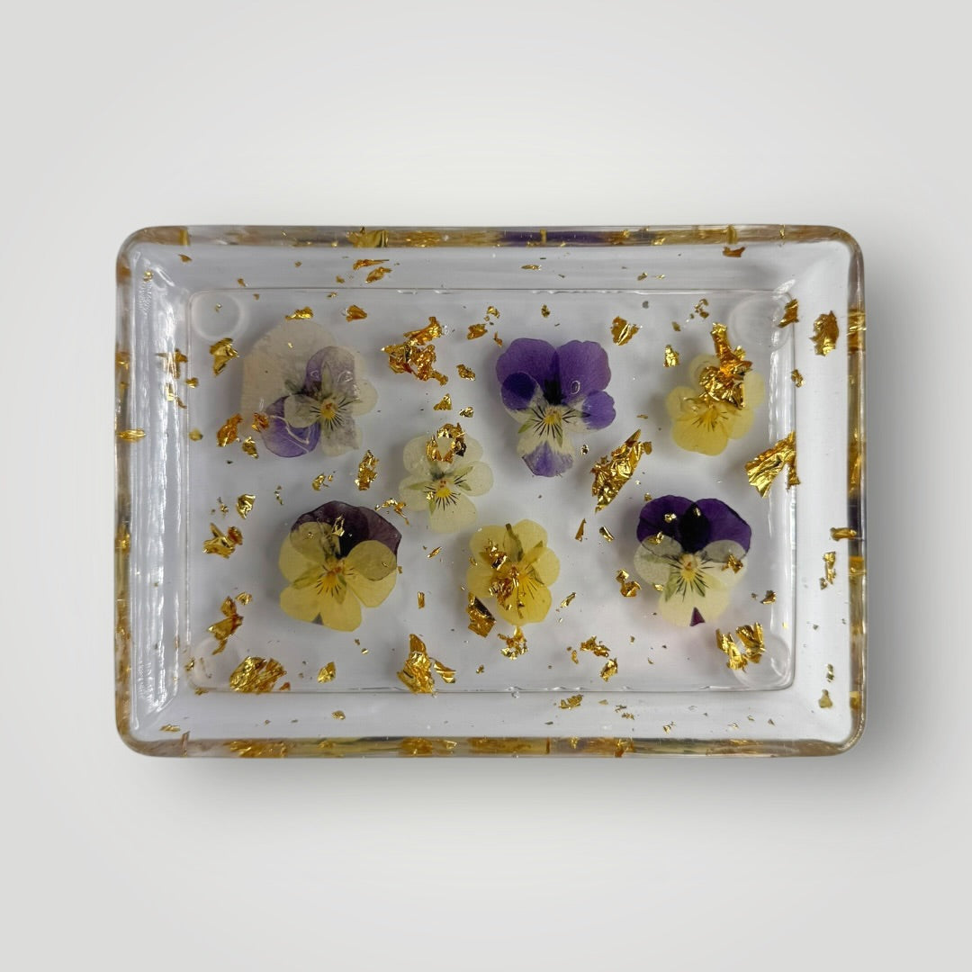 Real Dried Pansy Home Decor Gift Set, Decorative Tray + Dish with Gold Flakes, Rectangle and Square Shaped