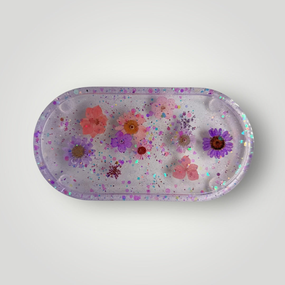 Purple and Pink Dried Flowers with Iridescent Hearts and Chunky Glitter, Resin Storage Tray, Oval