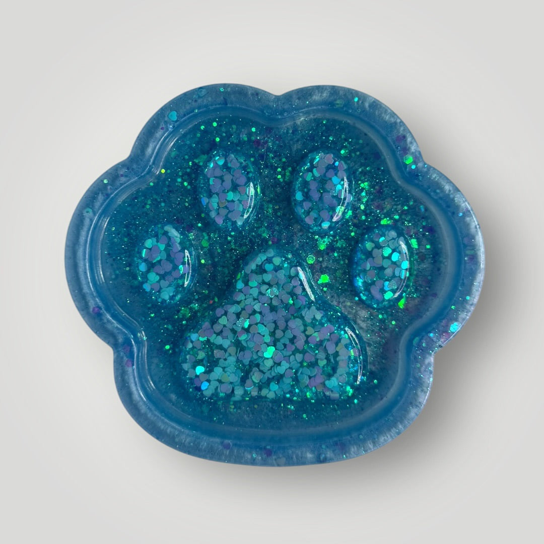 Blue Paw Print Dish with Hearts and Glitter