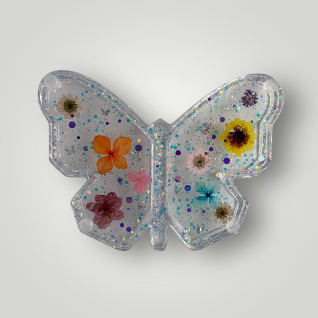 Blue Butterfly with Real Dried Flowers, Hearts and Chunky Glitter, Decorative Storage Tray