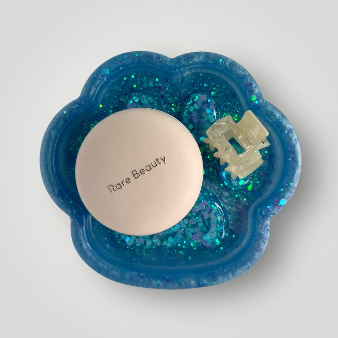 Blue Paw Print Dish with Hearts and Glitter