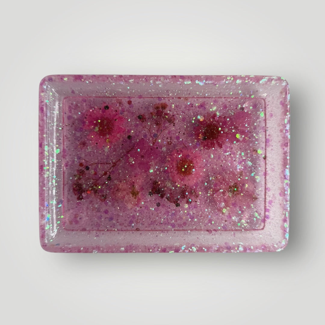 Pink Home Decor Gift Set, Decorative Tray + Dish with Real Dried Flowers and Chunky Glitter, Rectangle and Heart Shaped