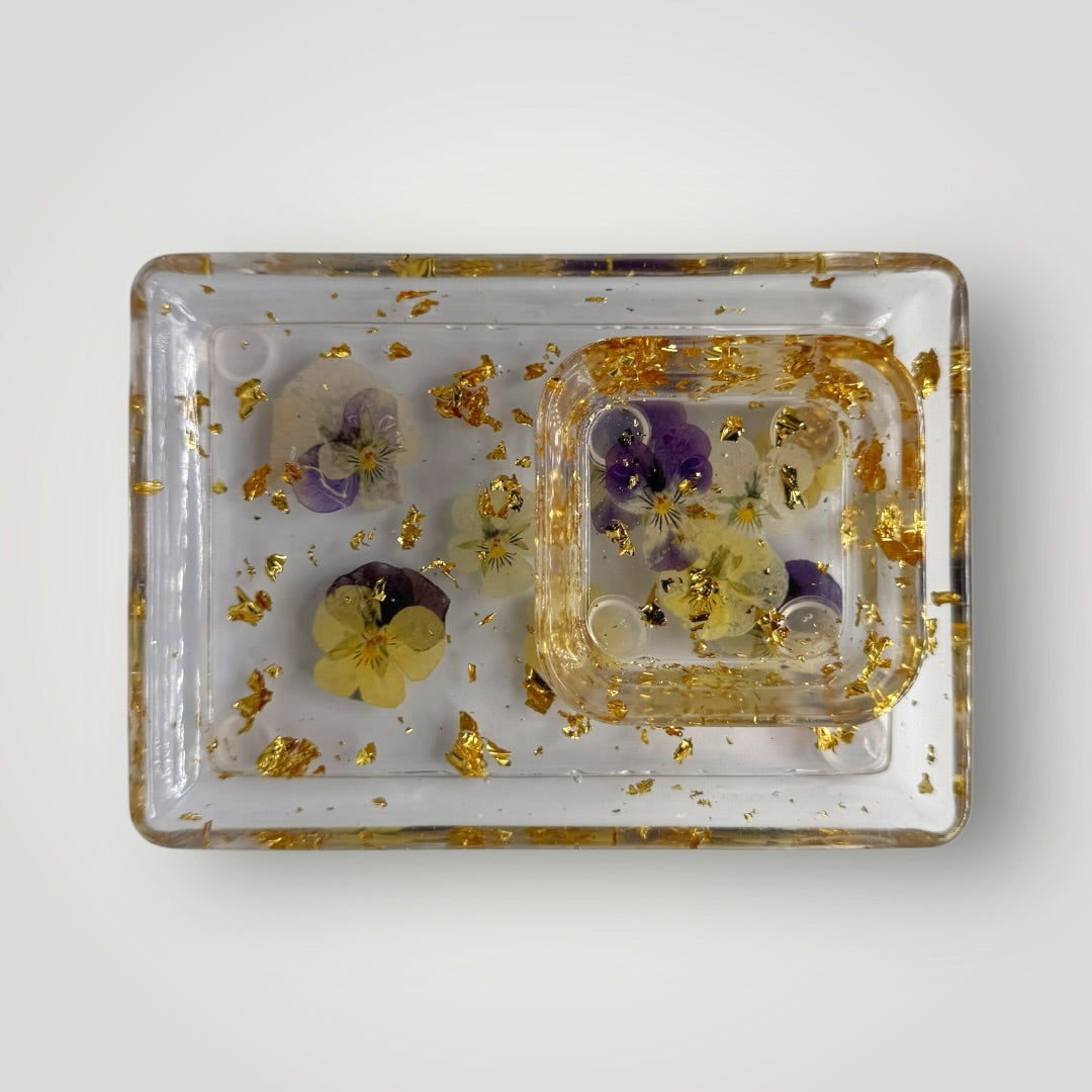 Real Dried Pansy Home Decor Gift Set, Decorative Tray + Dish with Gold Flakes, Rectangle and Square Shaped