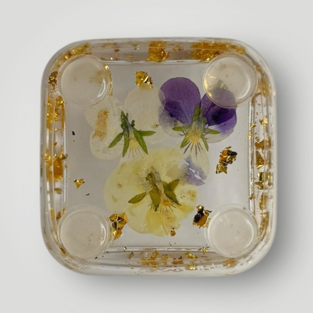 Real Dried Pansy Home Decor Gift Set, Decorative Tray + Dish with Gold Flakes, Rectangle and Square Shaped