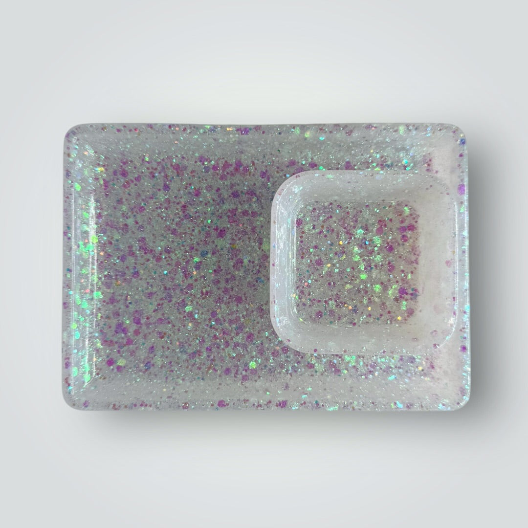 White Iridescent Home Decor Gift Set, Decorative Tray + Dish with Chunky Glitter, Rectangle and Square Shape