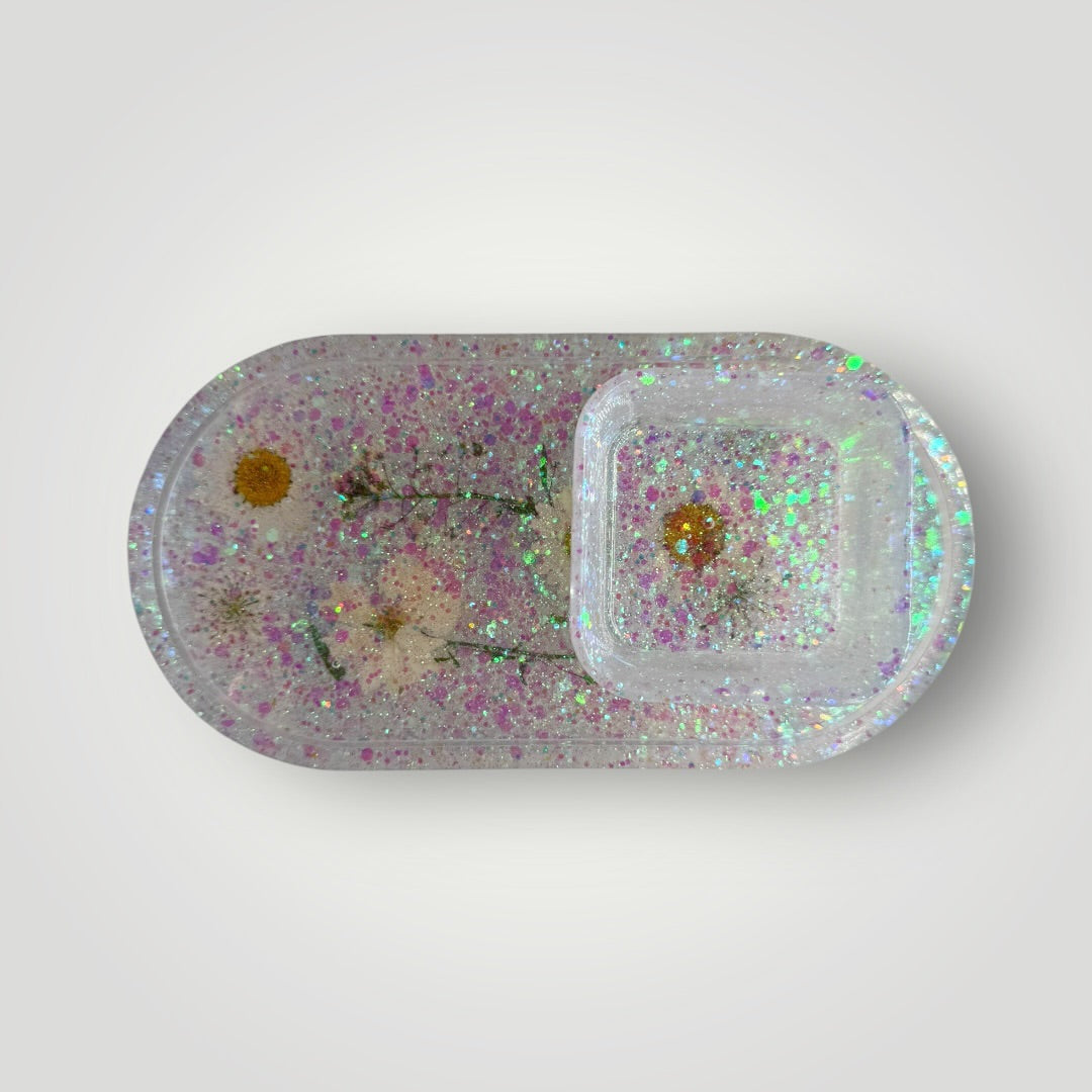 White Dried Flowers with Iridescent Chunky Glitter, Resin Storage Tray, Oval