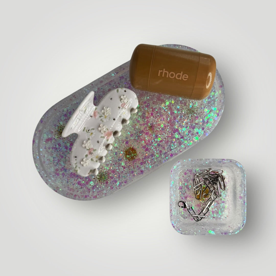 Iridescent and White Home Decor Gift Set, Decorative Tray + Dish with Real Dried Flowers and Glitter, Oval and Square Shaped