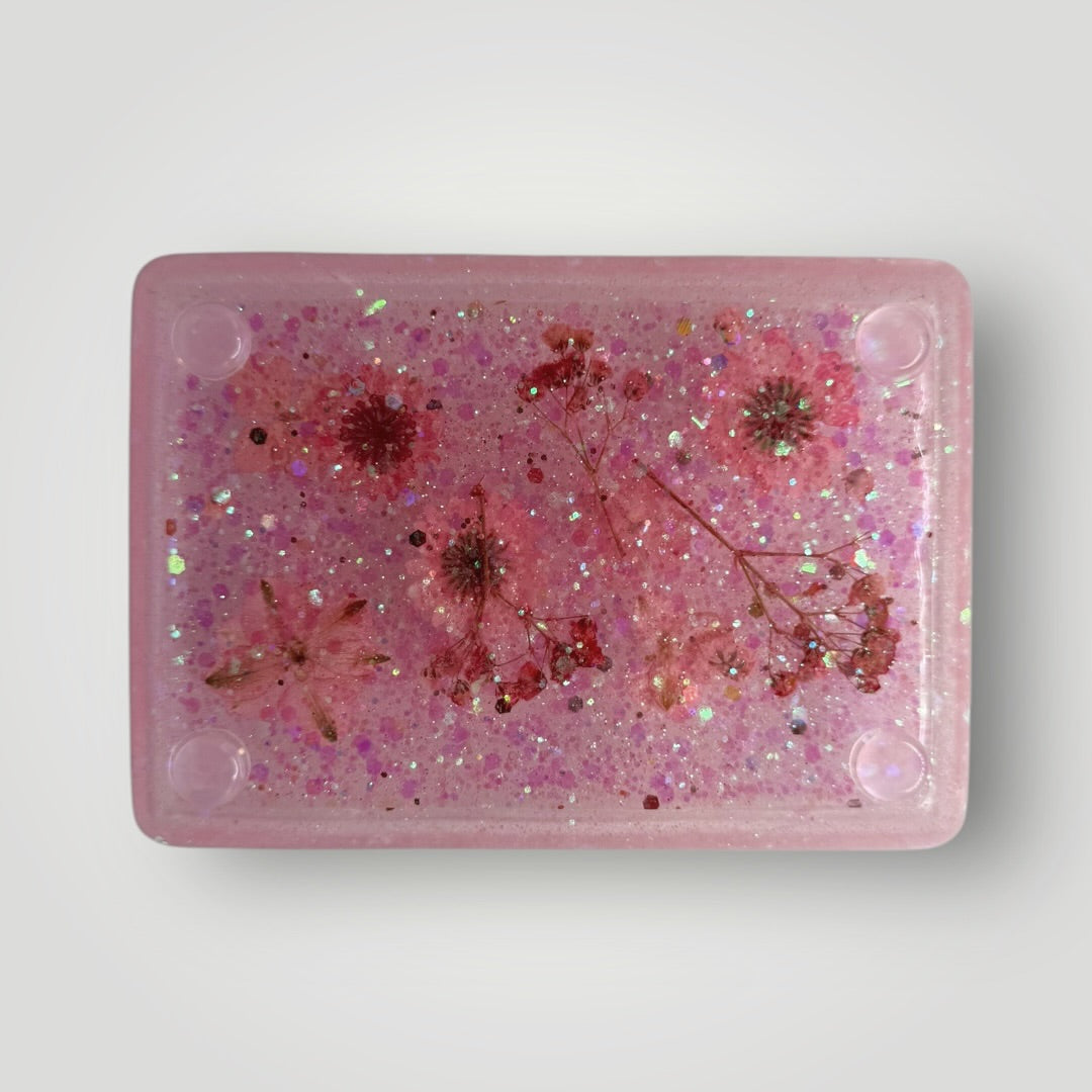 Pink Real Dried Flowers with Iridescent Chunky Glitter, Rectangle