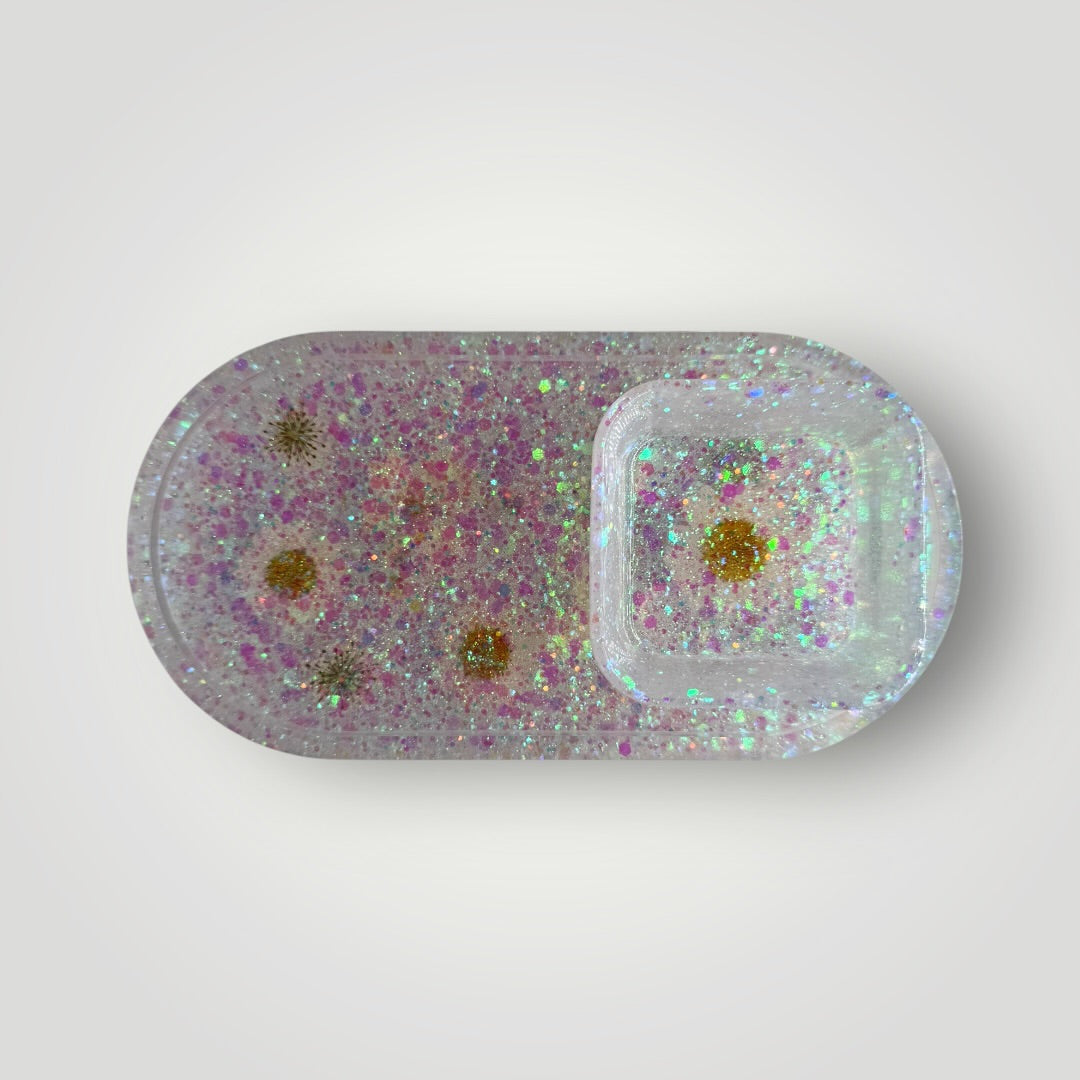 Iridescent and White Home Decor Gift Set, Decorative Tray + Dish with Real Dried Flowers and Glitter, Oval and Square Shaped