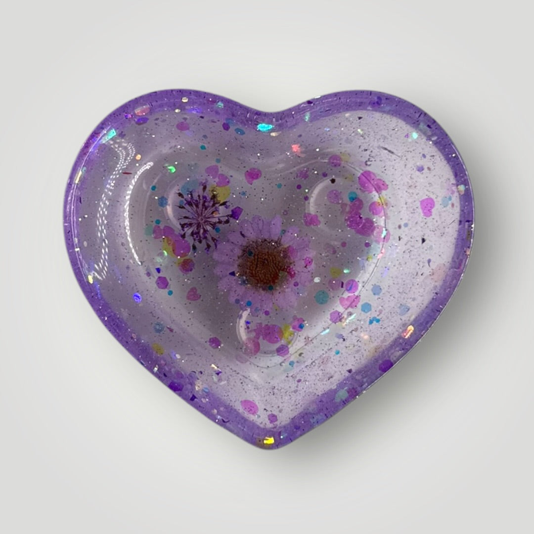 Purple Home Decor Gift Set, Decorative Tray + Dish with Real Dried Flowers and Chunky Glitter, Rectangle and Heart Shaped