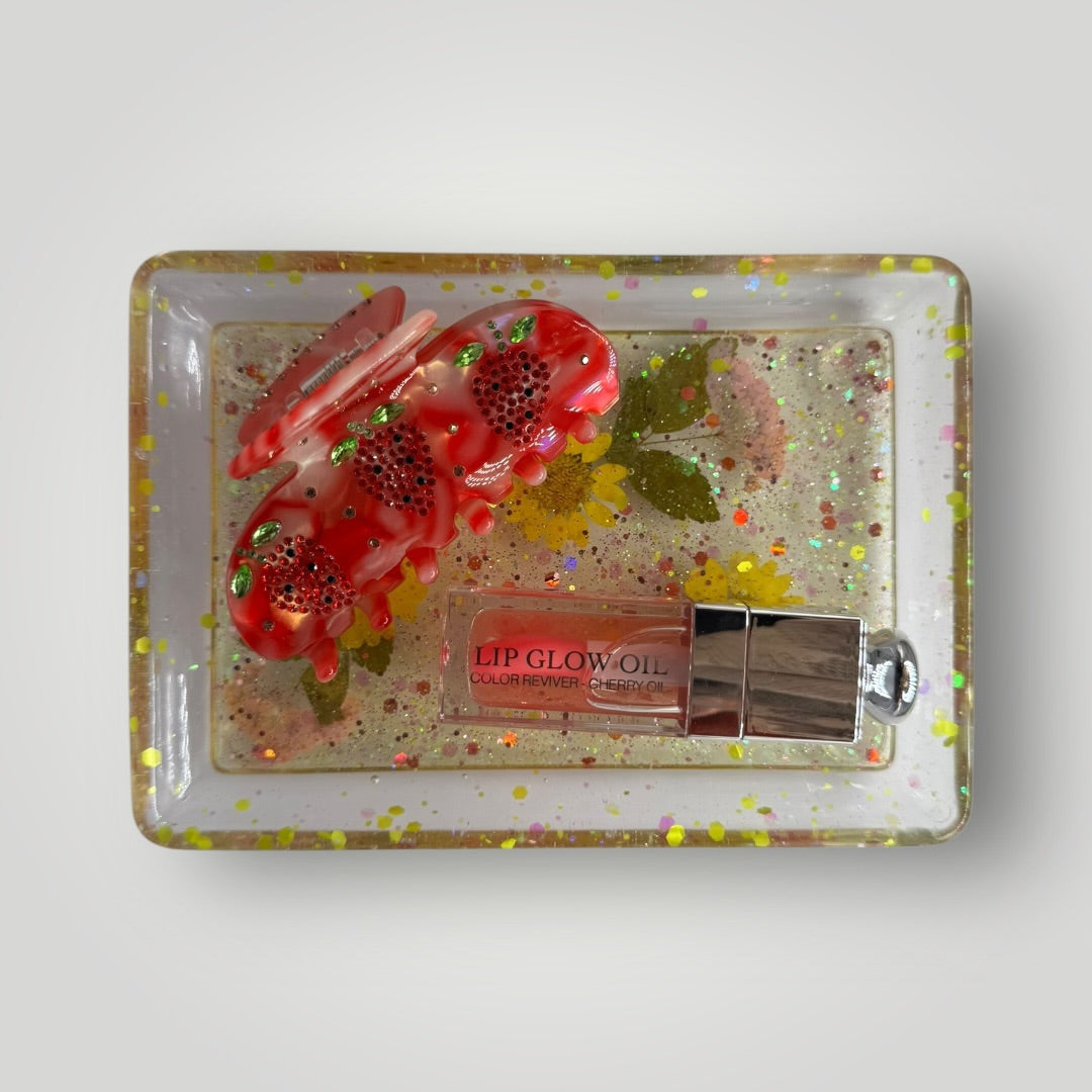 Yellow and Pink Dried Flowers with Chunky Glitter, Resin Storage Tray, Rectangle