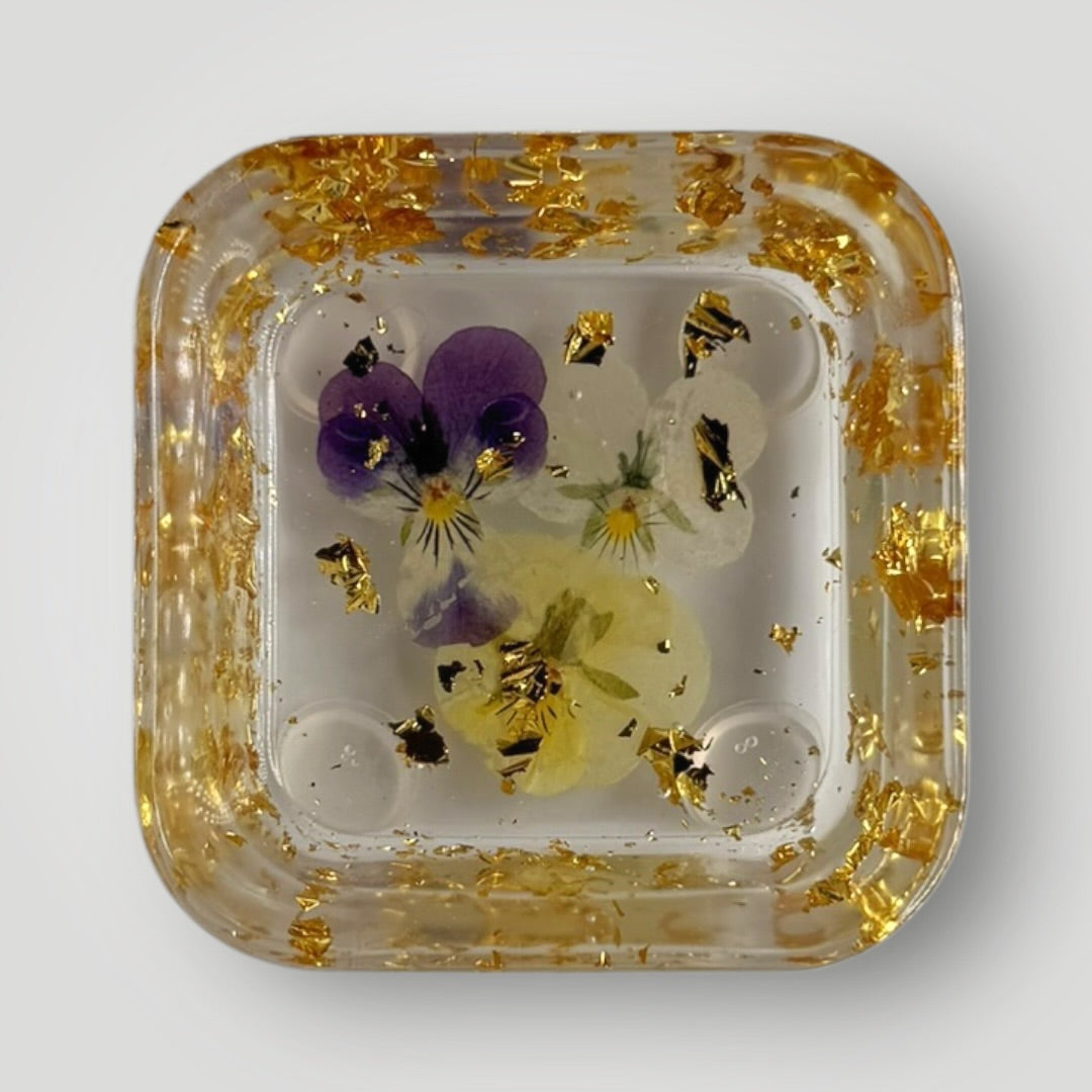 Real Dried Pansy Home Decor Gift Set, Decorative Tray + Dish with Gold Flakes, Rectangle and Square Shaped