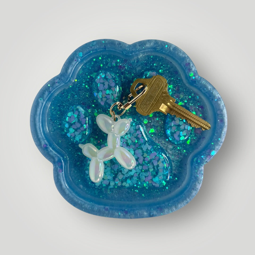 Blue Paw Print Dish with Hearts and Glitter