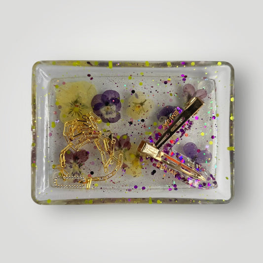 Purple and Yellow Real Dried Pansies with Chunky Glitter, Resin Storage Tray, Rectangle